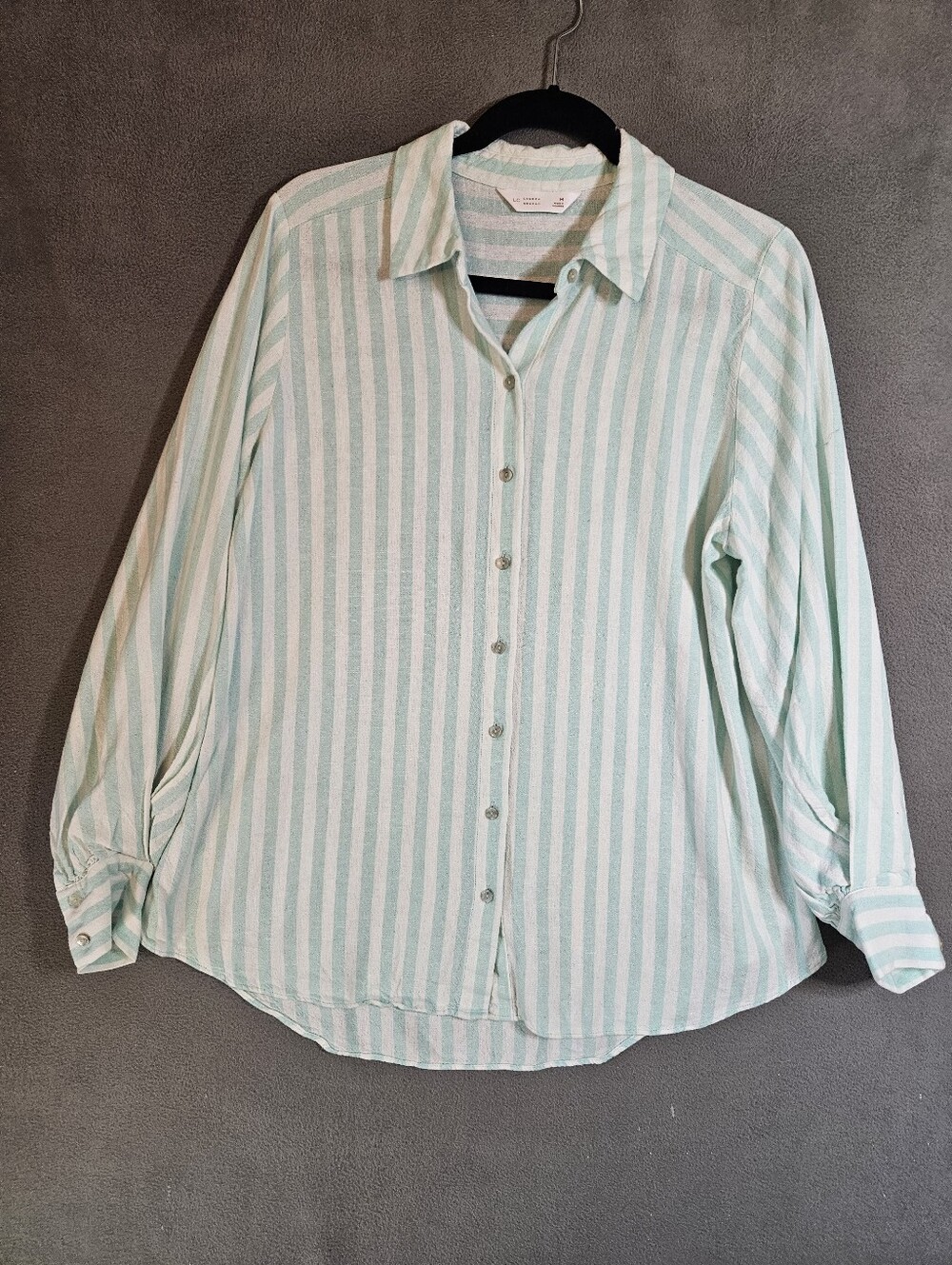 Lauren Conrad Womens Medium Button Shirt Linen Blend Mint Green Striped Coastal